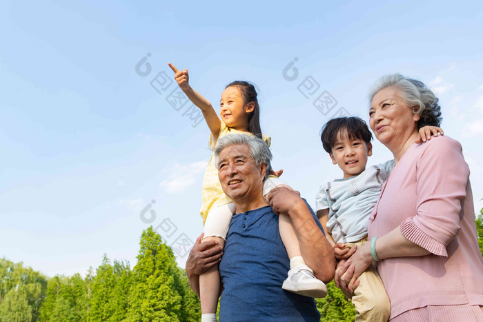 老年夫妇带着孩子们郊游老年男人高端相片