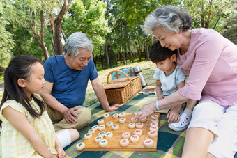 欢乐家庭在户外下象棋