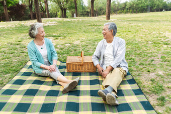 老年夫妇坐在公园草地上