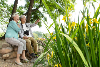 老年夫妇坐在公园里家庭写实摄影