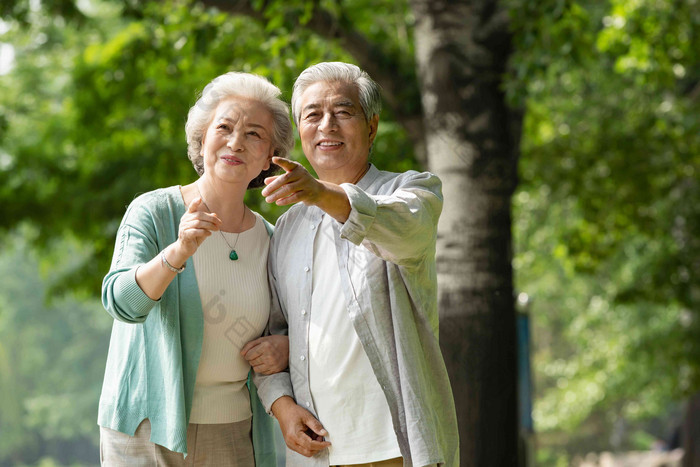 老年夫妇在公园里散步关爱写实摄影