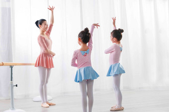 年轻舞蹈老师教小女孩们跳芭蕾表现积极相片