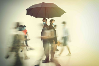 商务男女戴口罩隔离雨伞图片视觉效果