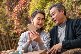 老年夫妇在庭院使用手机中国相片