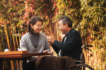 老年夫妇在庭院内品茶相伴清晰素材