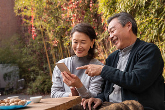 老年夫妇在庭院使用手机老年伴侣清晰场景
