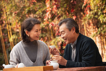 老年夫妇在庭院内品茶成年人氛围摄影