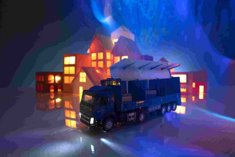 房屋楼群和货车模型照亮摄影图