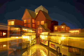 房屋楼群和双层巴士模型