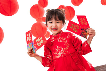 快乐的小女孩拿着红包童年清晰素材