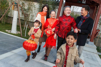 幸福新年亚洲中国人六个人高质量场景