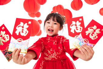 快乐的小女孩拿着红包中国人高端相片