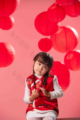红灯笼和漂亮的小女孩唐装高端相片