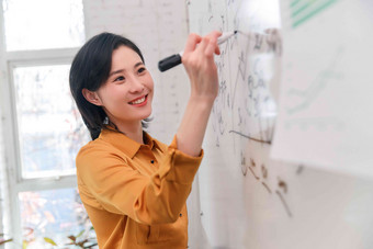 商务女士在<strong>办公室</strong>的白板上写字摄影写实场景