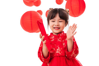 快乐的小女孩拿着红包传统庆典高质量图片