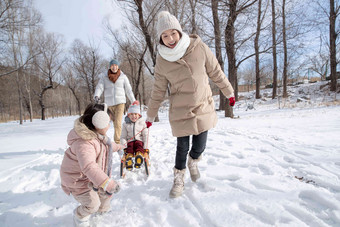 欢乐家庭在<strong>雪地</strong>上玩雪橇拉清晰图片