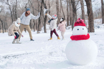快乐的一家人在雪地里玩耍父亲清晰照片