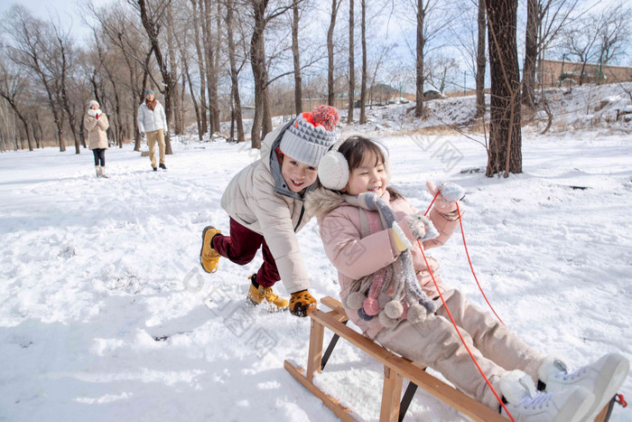 欢乐家庭在雪地上玩雪橇户外写实素材