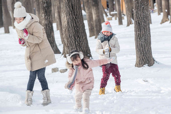 雪地里打雪仗的快乐家庭水平构图清晰影相