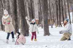 雪地里打雪仗的快乐家庭女儿清晰摄影图