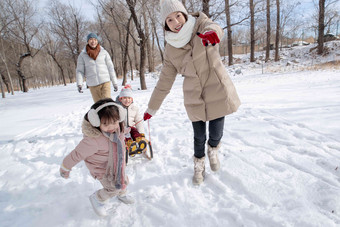 欢乐家庭在雪地上玩雪橇幸福高端图片