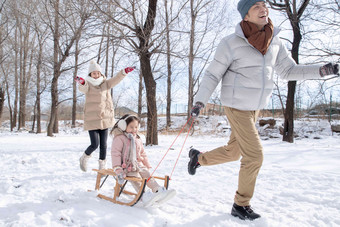 拉着雪橇的一家人东方高清拍摄