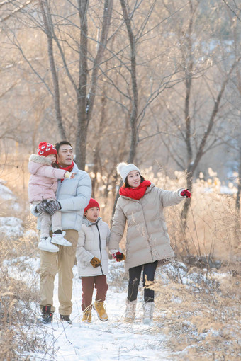 快乐家庭在雪地里散步兄弟姐妹图片