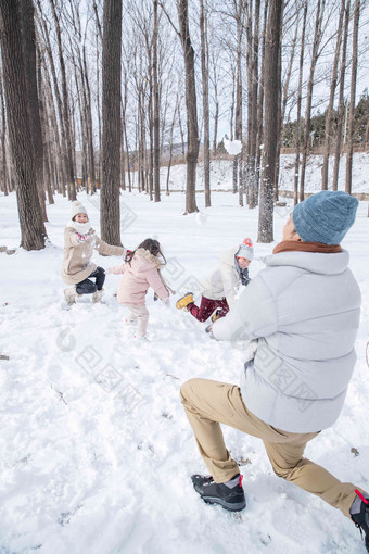雪地里打雪仗的一家人男孩氛围拍摄