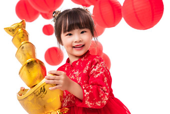 可爱的小女孩抱着一摞金元宝元宝影相图片