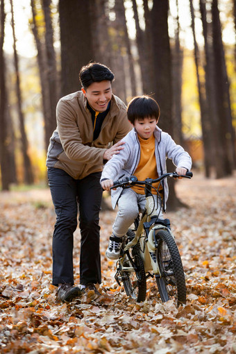 秋天户外父亲教儿子骑自行车