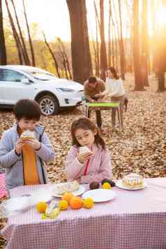 秋天幸福家庭在户外烧烤野餐