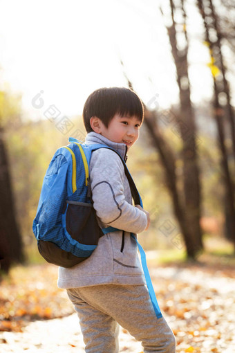 秋天户外小<strong>路</strong>上背书包的小男孩<strong>幸福</strong>高端图片