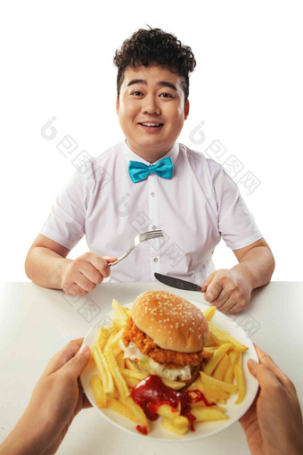 小胖子吃汉堡包面部表情清晰拍摄