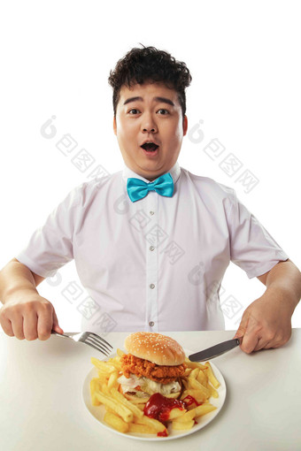 小胖子吃汉堡包刀高端摄影