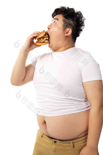 小胖子吃汉堡包青年男人高清相片