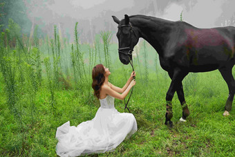 仙境中的漂亮青年女人和马缰绳氛围图片