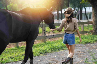 时尚快乐的青年女人牵着马的背影背影清晰图片