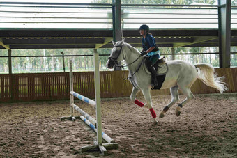 骑马跳障碍栏的帅气青少年女孩跳高端图片