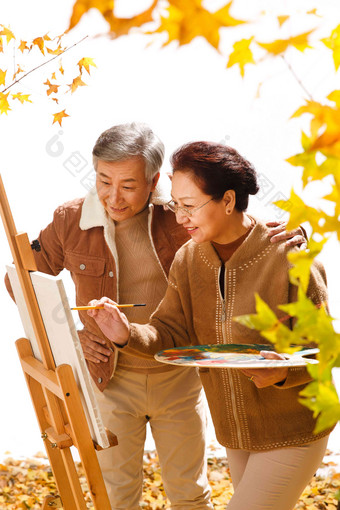 老年夫妇在庭院里画画东亚高端图片