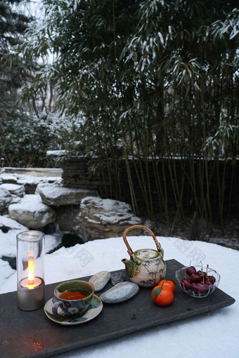 茶具雪景东亚石头高质量照片