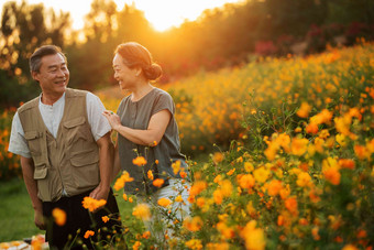 花丛中幸福的老年夫妇<strong>亲情</strong>高端照片