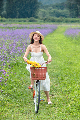 青年<strong>女人</strong>在花海里骑自行车东方人高清摄影