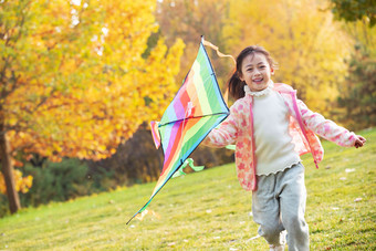 快乐的小女孩在公园里<strong>放风筝</strong>