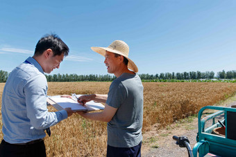 科研人员和农民在麦田旁交流丰收照片