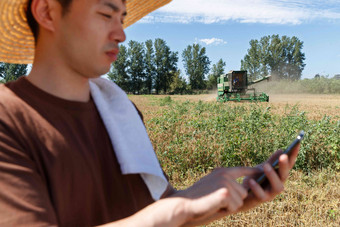 农民站在麦田里使用手机耕种照片