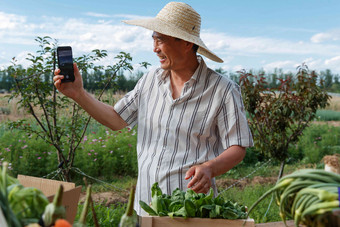 农民在线直播销售农产品新鲜清晰摄影图