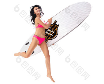 穿比基尼的美女拿着冲浪板