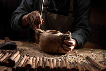 雕刻师在工作室里专注雕刻工艺品