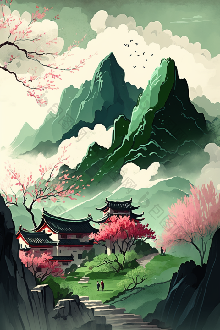 春天山水中国插画图片-包图网