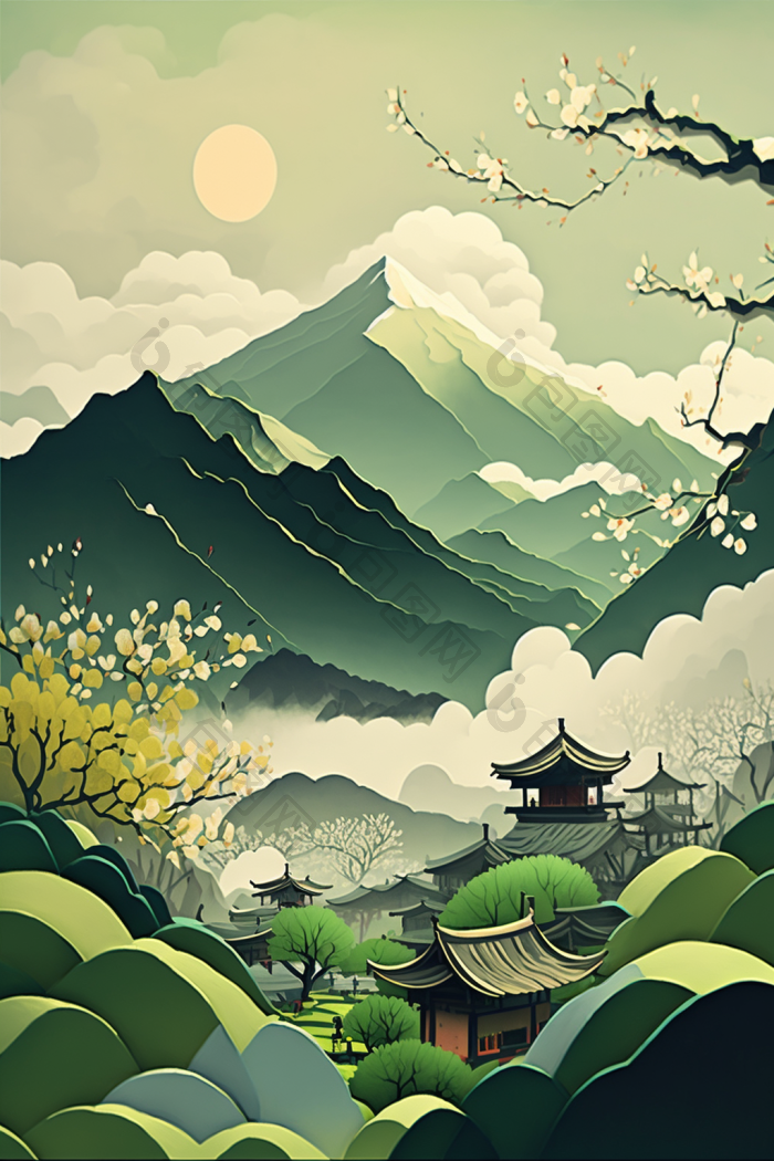 春天山水中国插画图片-包图网